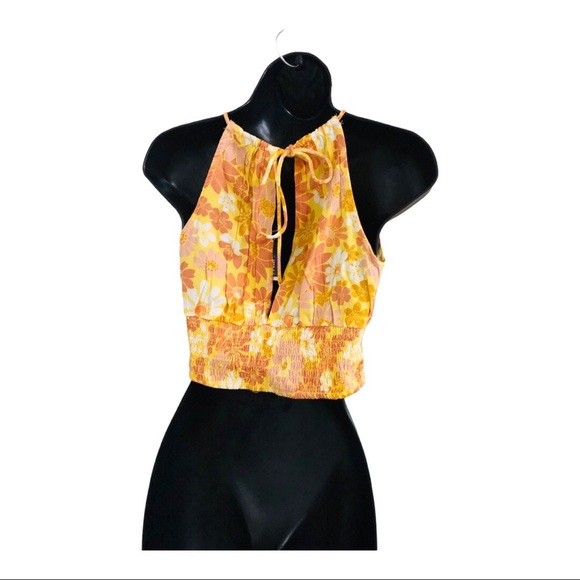 Orange multicolor shirred cutout bust tiered hem cropped halter top size XS new - Picture 11 of 12